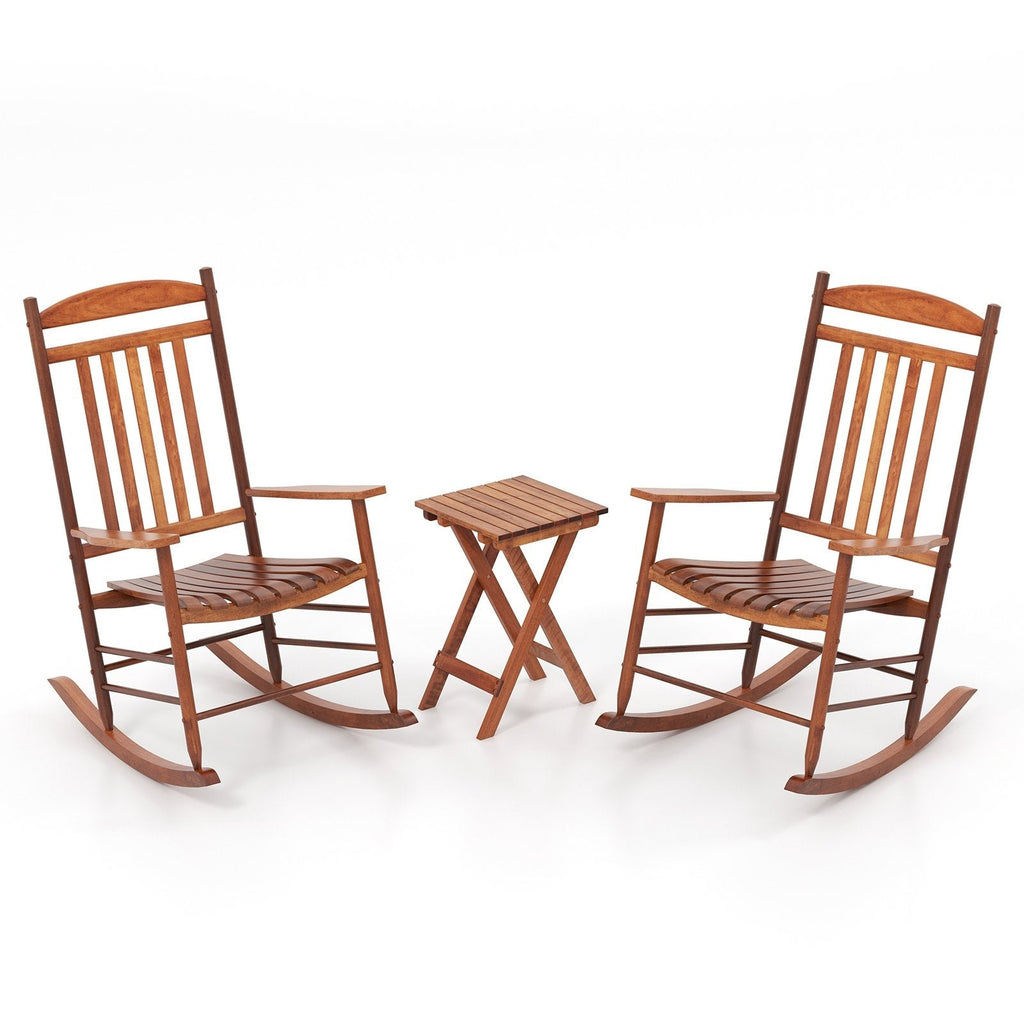 3 Piece Poplar Wood Rocking Chair Set, 2 High Back Rockers Rated 400 lb and a Folding Side Table, Natural