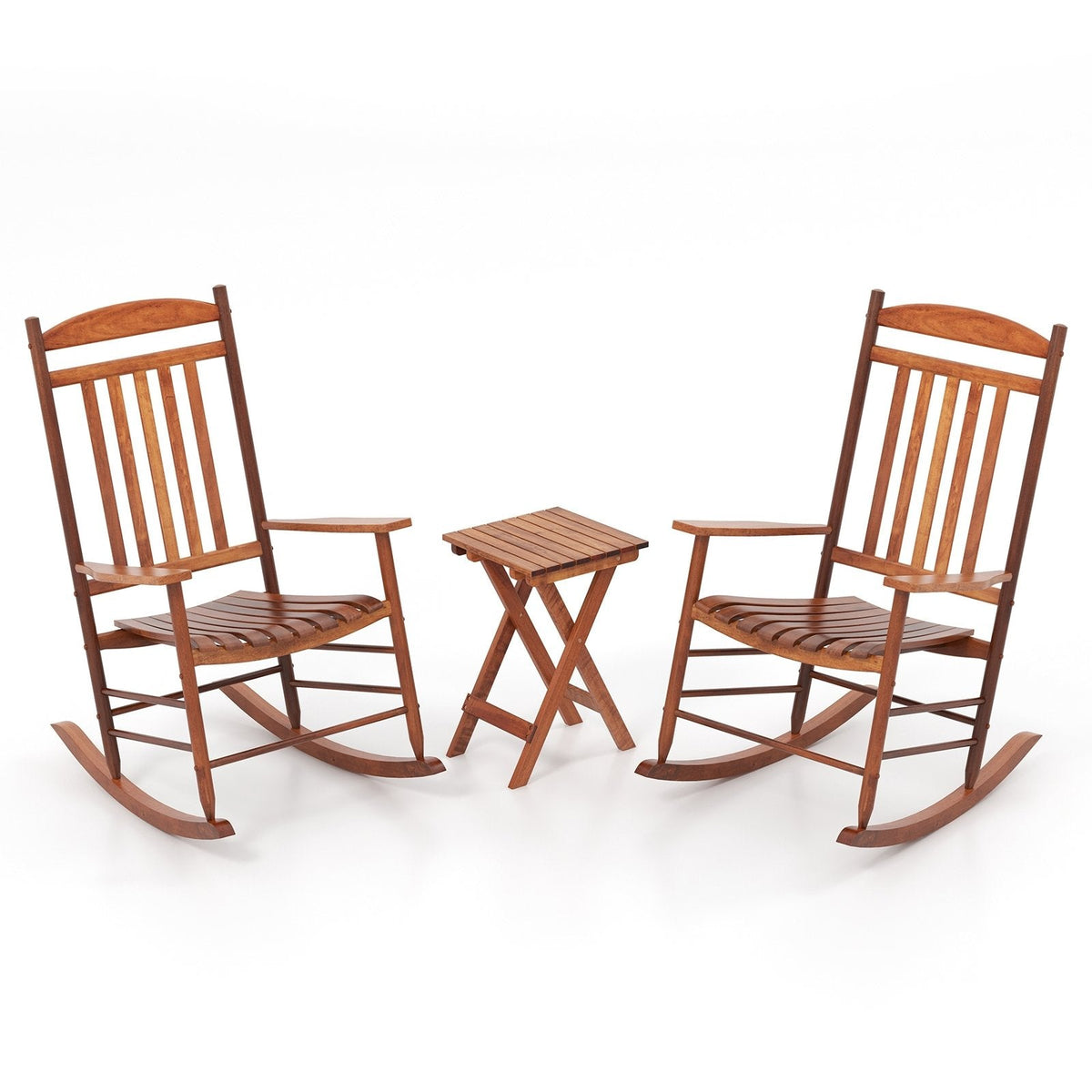 3 Piece Poplar Wood Rocking Chair Set, 2 High Back Rockers Rated 400 lb and a Folding Side Table, Natural