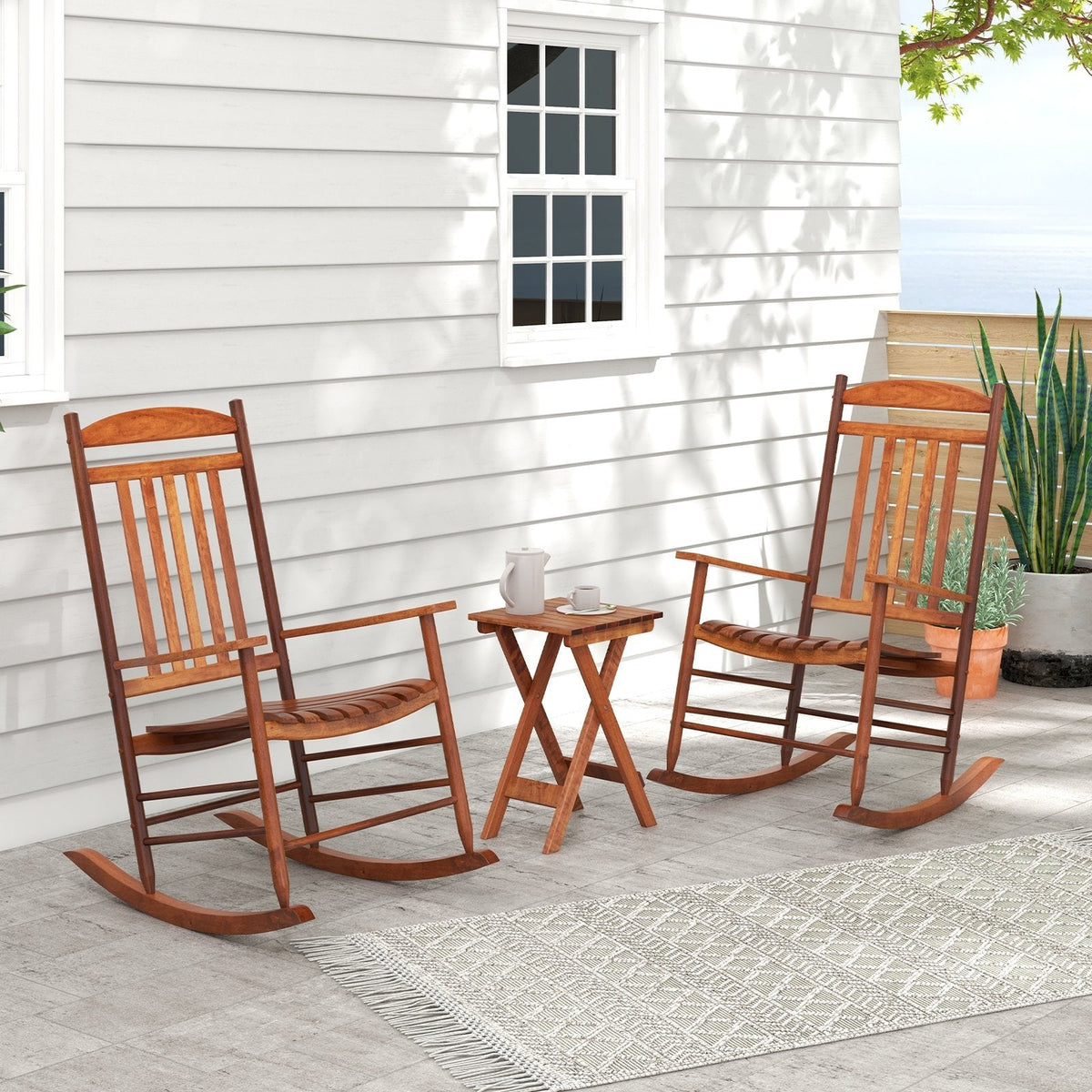 3 Piece Poplar Wood Rocking Chair Set, 2 High Back Rockers Rated 400 lb and a Folding Side Table, Natural