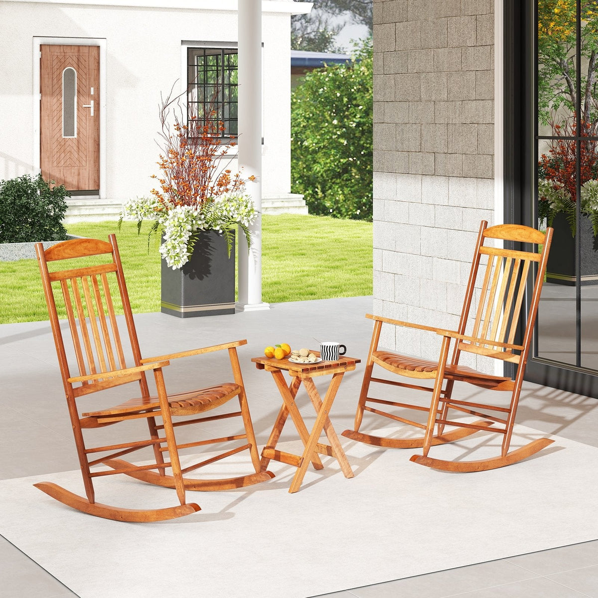 3 Piece Poplar Wood Rocking Chair Set, 2 High Back Rockers Rated 400 lb and a Folding Side Table, Natural
