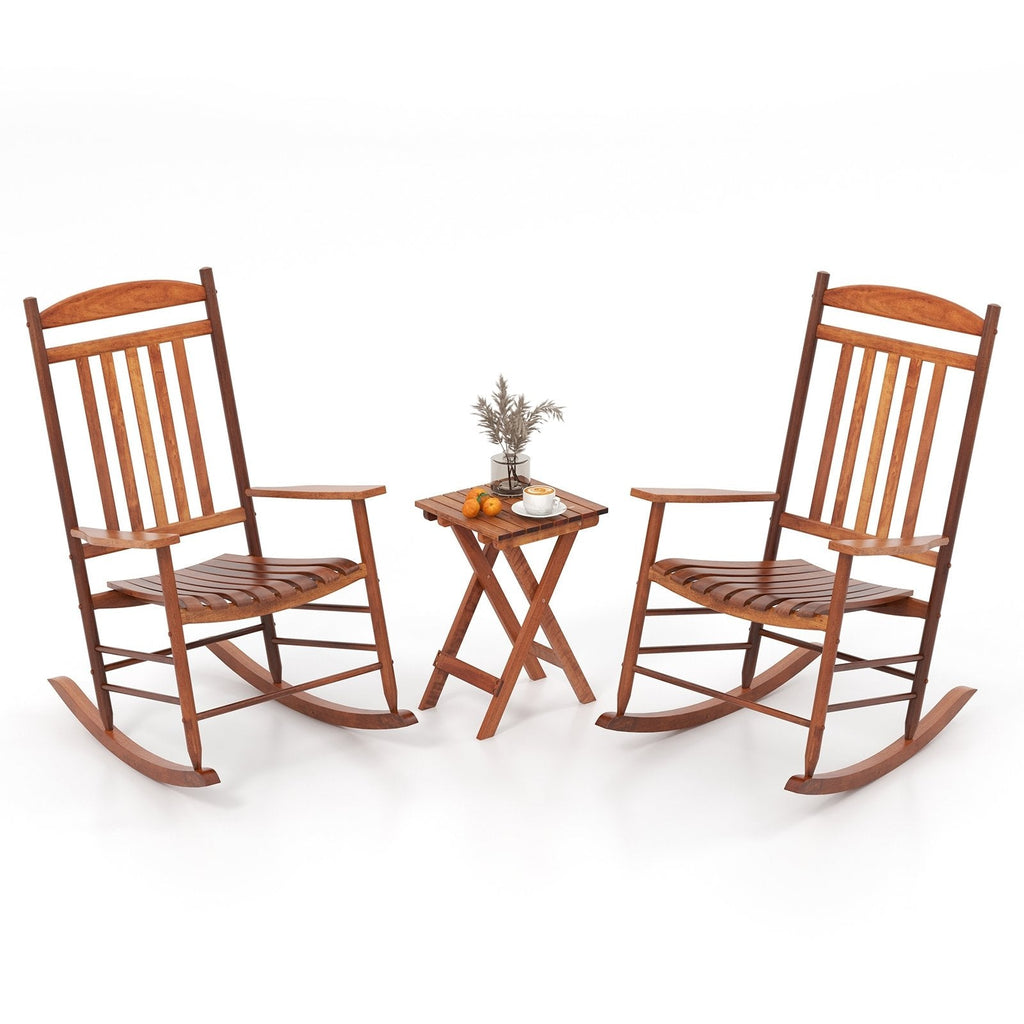 3 Piece Poplar Wood Rocking Chair Set, 2 High Back Rockers Rated 400 lb and a Folding Side Table, Natural