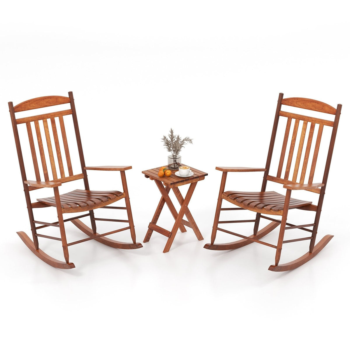 3 Piece Poplar Wood Rocking Chair Set, 2 High Back Rockers Rated 400 lb and a Folding Side Table, Natural