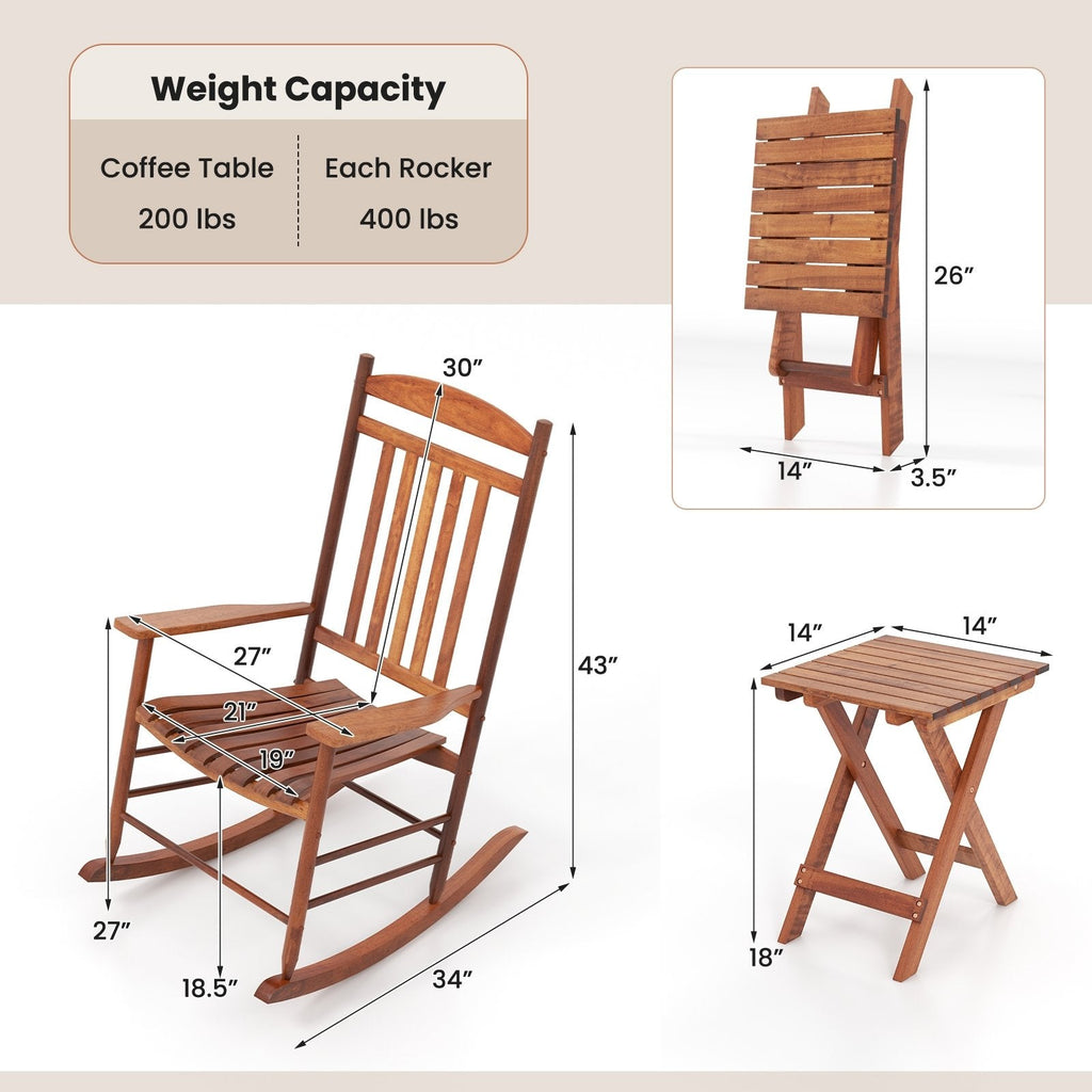 3 Piece Poplar Wood Rocking Chair Set, 2 High Back Rockers Rated 400 lb and a Folding Side Table, Natural