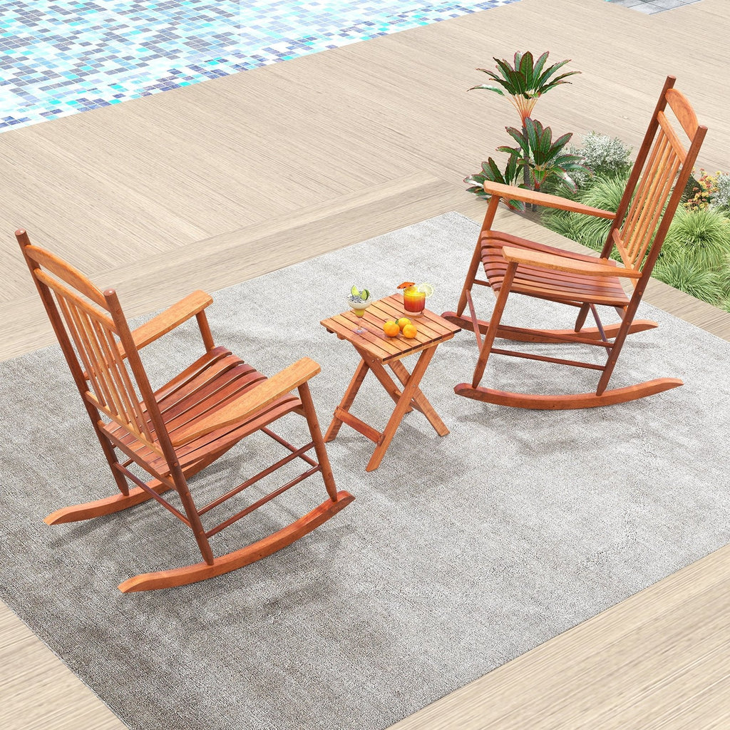 3 Piece Poplar Wood Rocking Chair Set, 2 High Back Rockers Rated 400 lb and a Folding Side Table, Natural