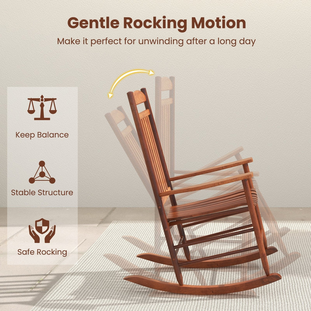3 Piece Poplar Wood Rocking Chair Set, 2 High Back Rockers Rated 400 lb and a Folding Side Table, Natural