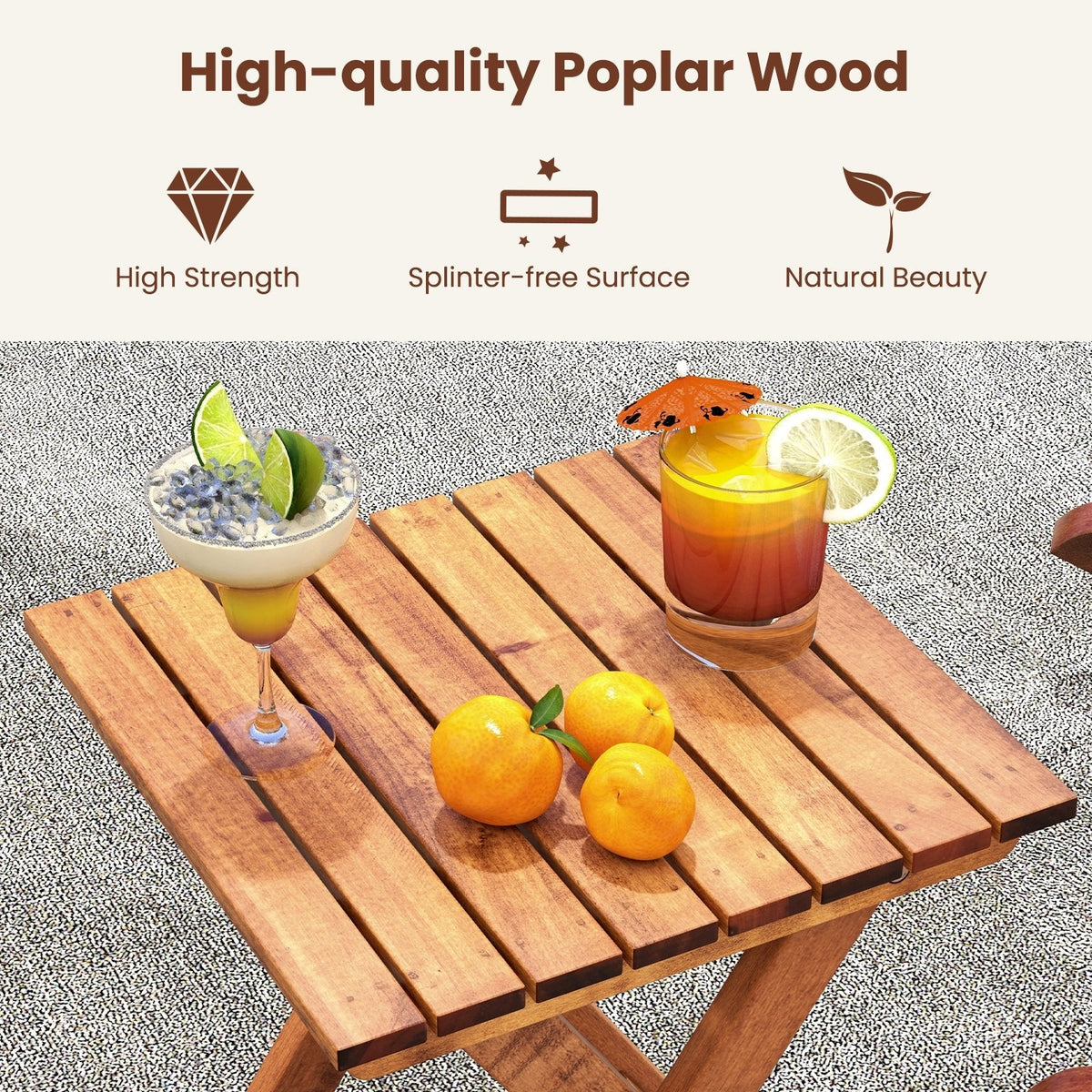 3 Piece Poplar Wood Rocking Chair Set, 2 High Back Rockers Rated 400 lb and a Folding Side Table, Natural