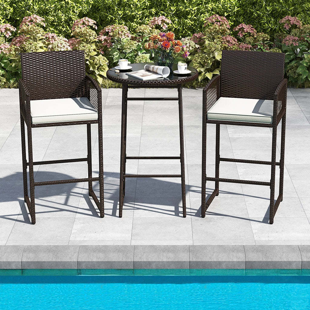 3 Piece Patio Bar Set Outdoor Wicker Bar Height Table and Armchairs-White