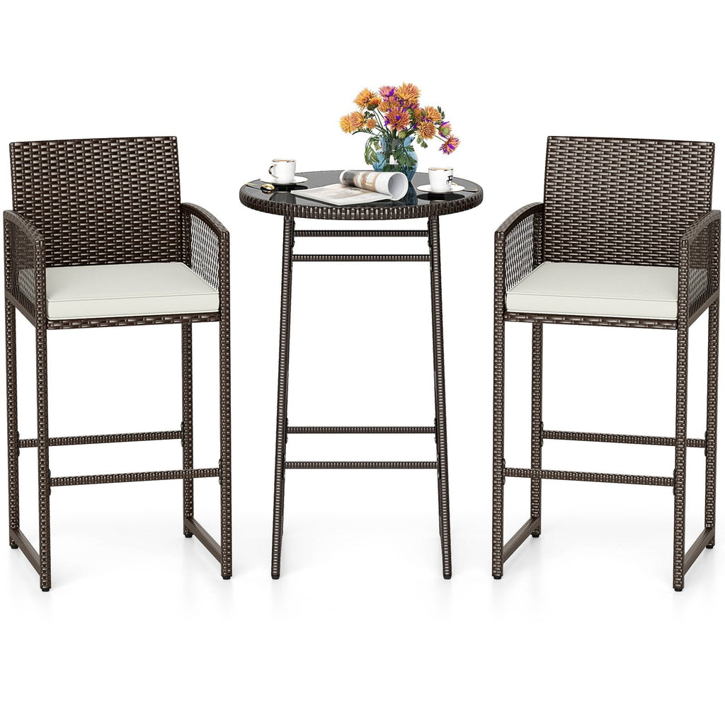 3 Piece Patio Bar Set Outdoor Wicker Bar Height Table and Armchairs-White