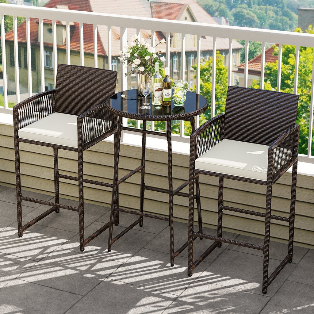 3 Piece Patio Bar Set Outdoor Wicker Bar Height Table and Armchairs-White