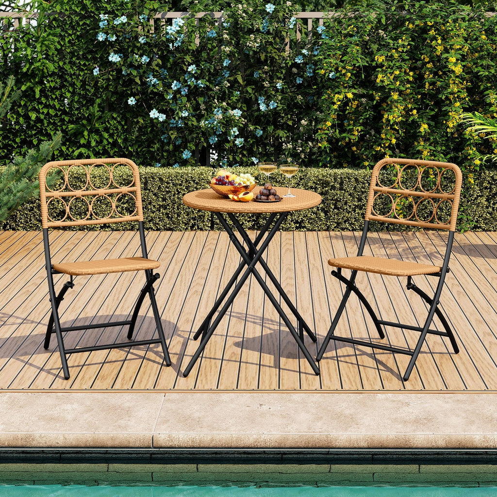 3 Piece Folding Patio Bistro Set, 2 Wicker Seat Chairs Rated 400 lb and 24 in Round Woven Table at Dining Height, Light Brown