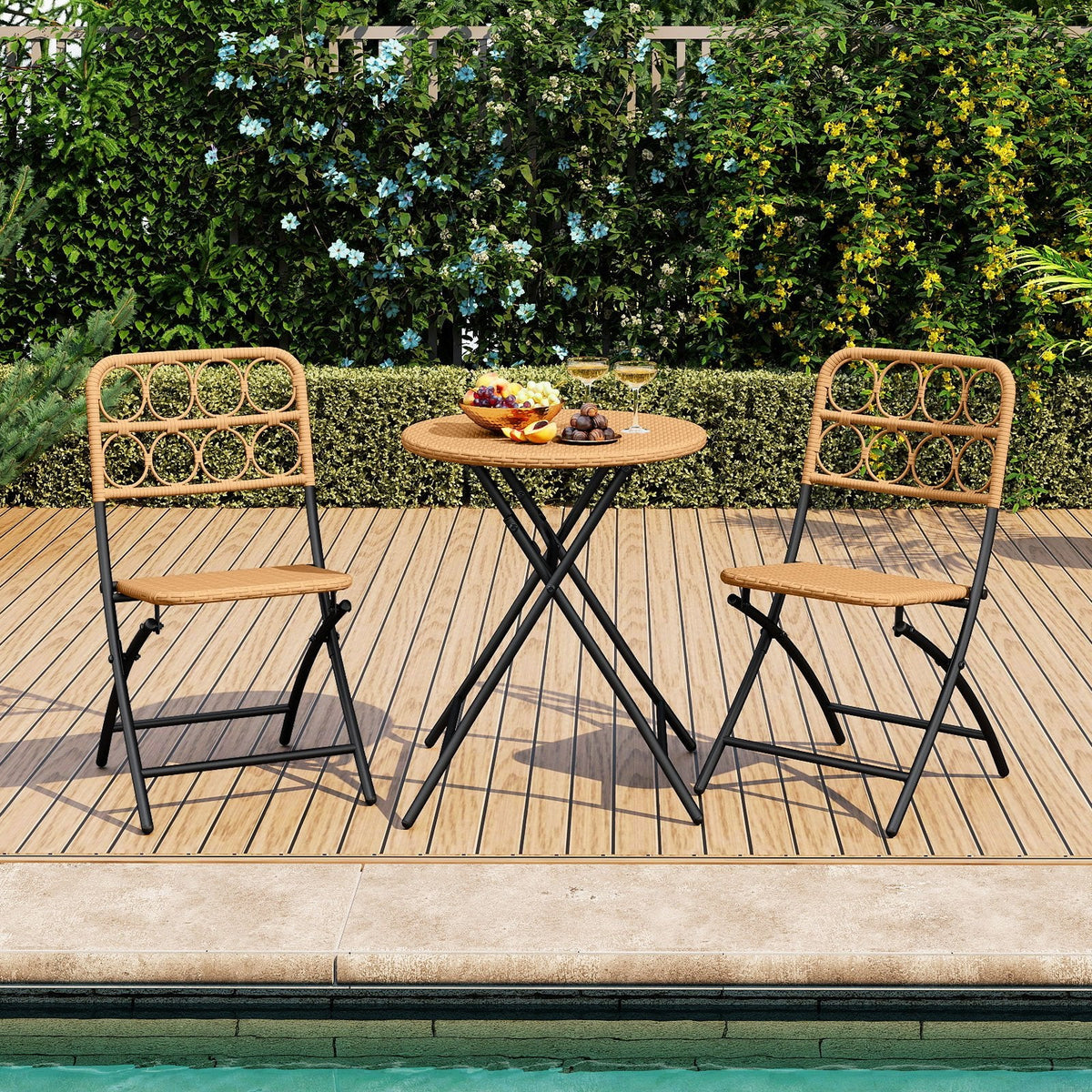 3 Piece Folding Patio Bistro Set, 2 Wicker Seat Chairs Rated 400 lb and 24 in Round Woven Table at Dining Height, Light Brown