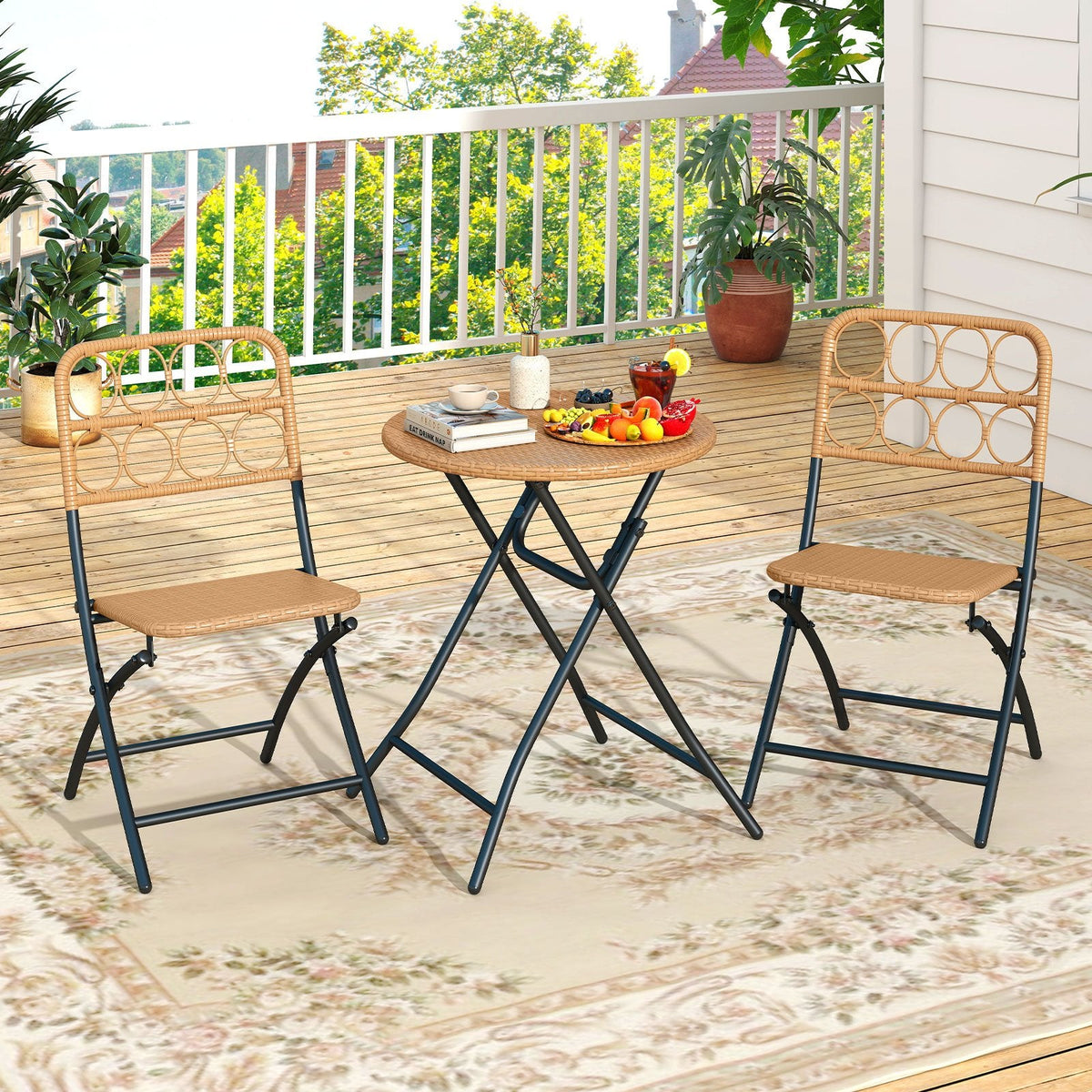 3 Piece Folding Patio Bistro Set, 2 Wicker Seat Chairs Rated 400 lb and 24 in Round Woven Table at Dining Height, Light Brown
