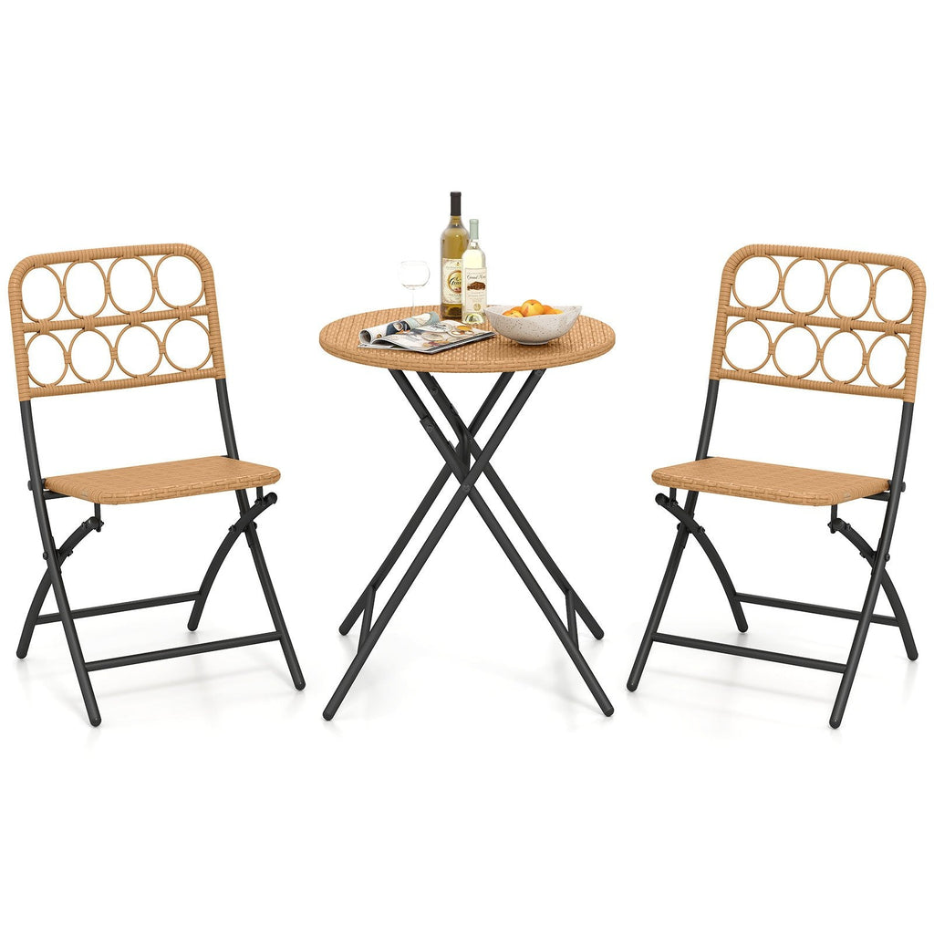 3 Piece Folding Patio Bistro Set, 2 Wicker Seat Chairs Rated 400 lb and 24 in Round Woven Table at Dining Height, Light Brown