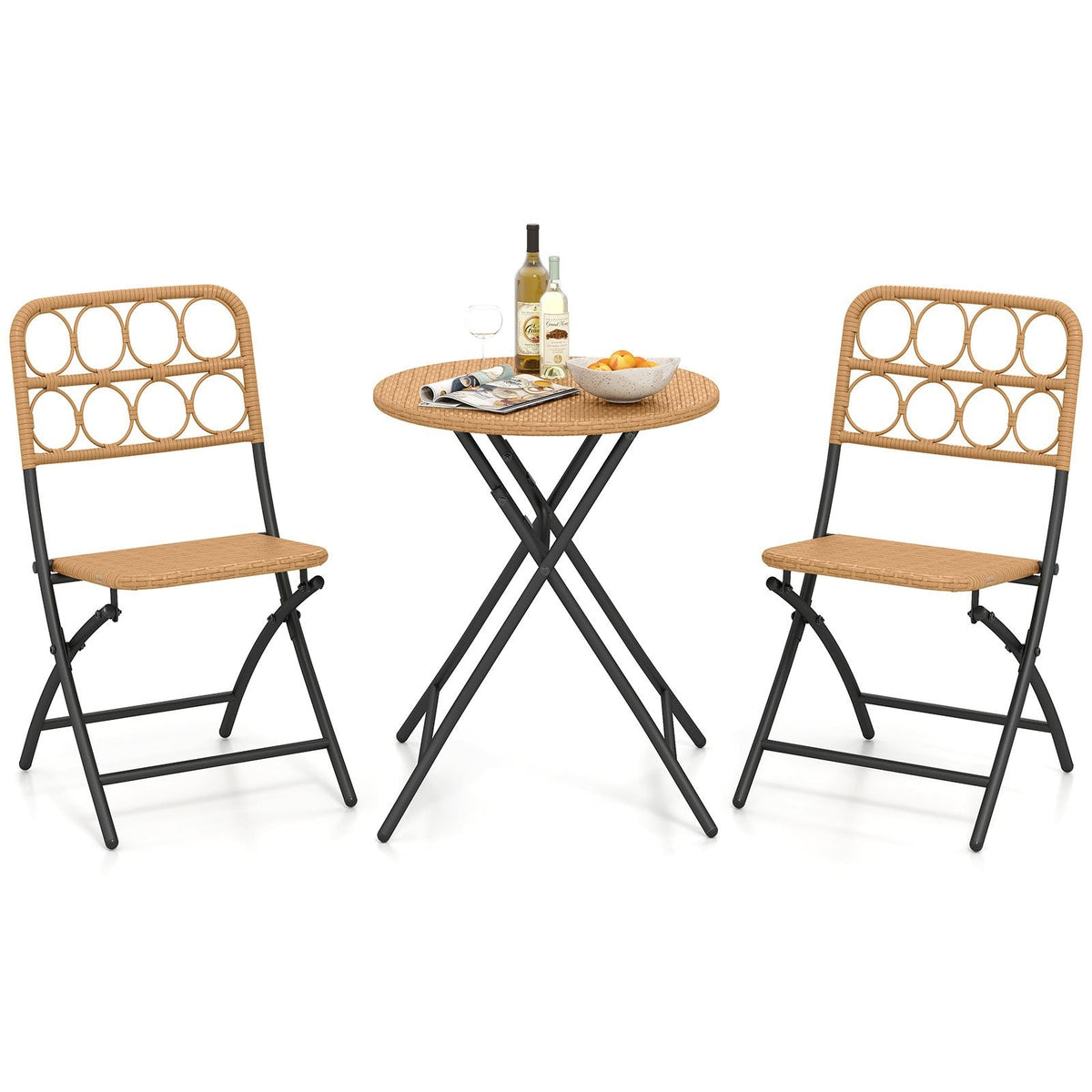 3 Piece Folding Patio Bistro Set, 2 Wicker Seat Chairs Rated 400 lb and 24 in Round Woven Table at Dining Height, Light Brown