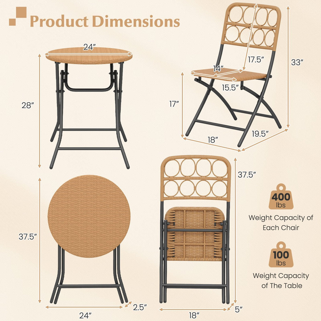 3 Piece Folding Patio Bistro Set, 2 Wicker Seat Chairs Rated 400 lb and 24 in Round Woven Table at Dining Height, Light Brown