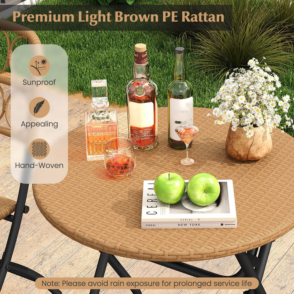 3 Piece Folding Patio Bistro Set, 2 Wicker Seat Chairs Rated 400 lb and 24 in Round Woven Table at Dining Height, Light Brown