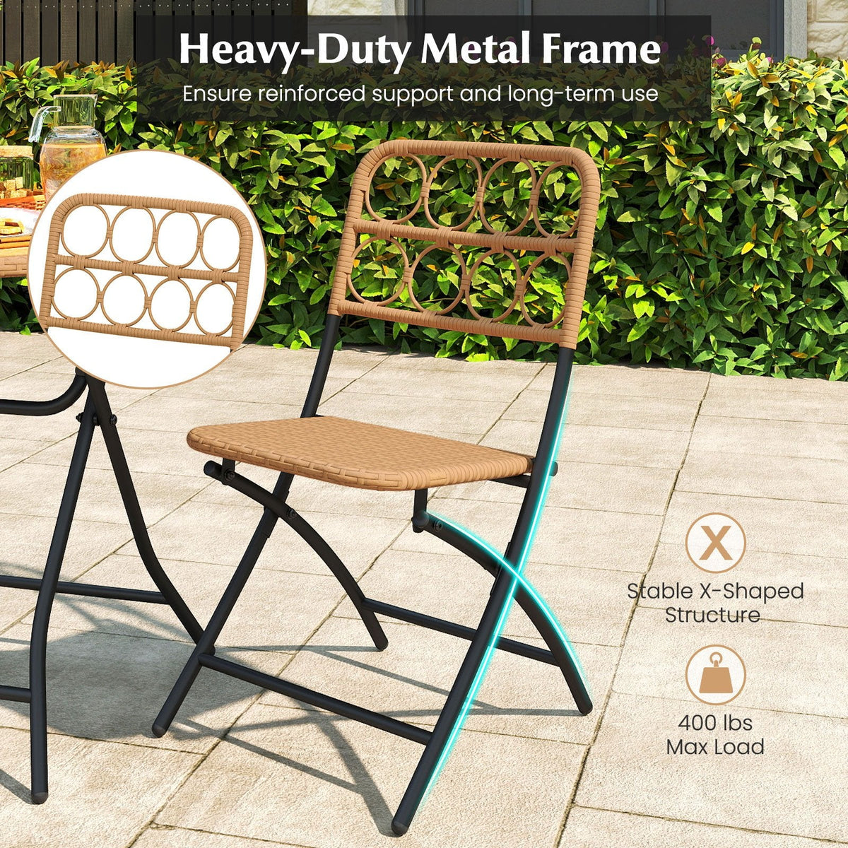 3 Piece Folding Patio Bistro Set, 2 Wicker Seat Chairs Rated 400 lb and 24 in Round Woven Table at Dining Height, Light Brown