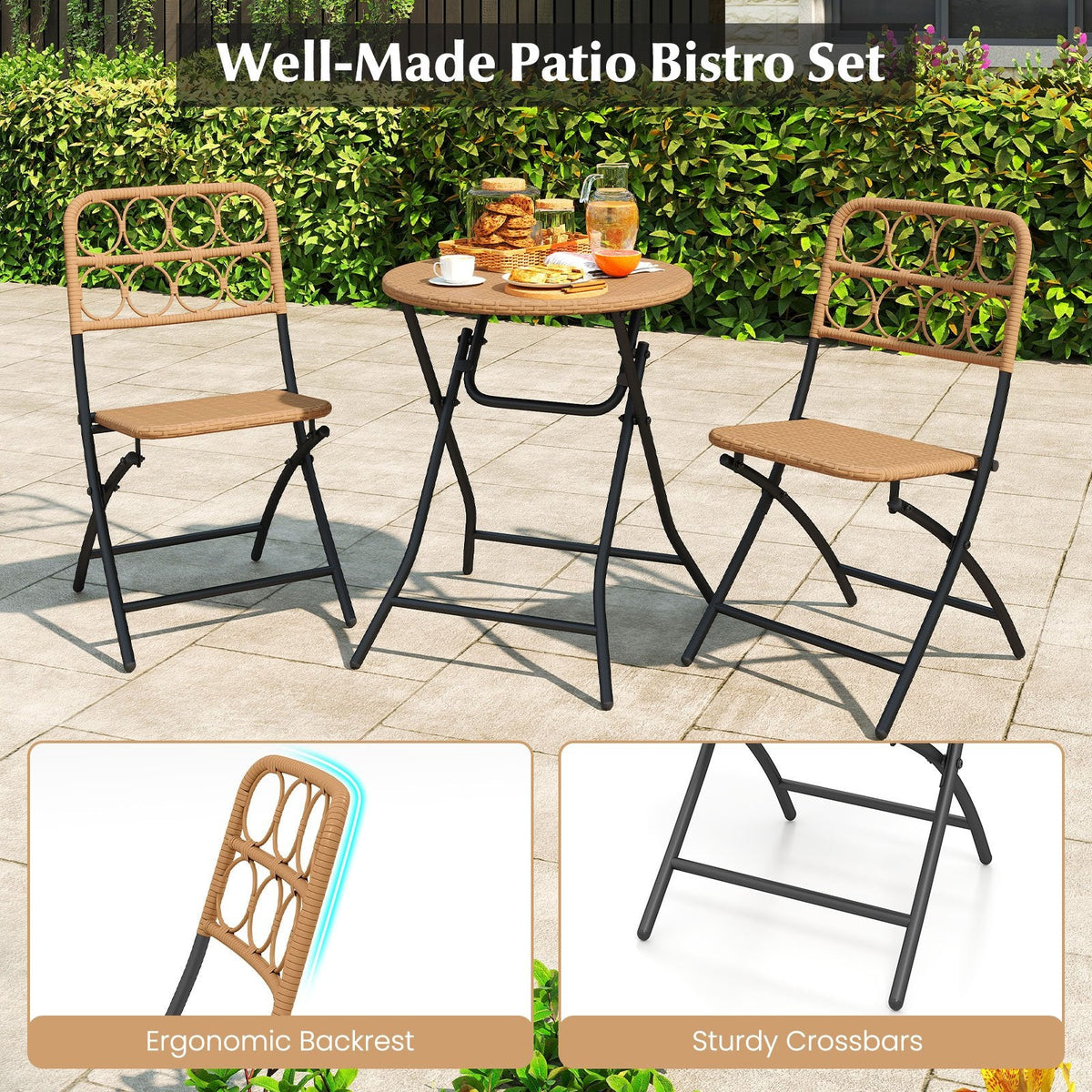 3 Piece Folding Patio Bistro Set, 2 Wicker Seat Chairs Rated 400 lb and 24 in Round Woven Table at Dining Height, Light Brown