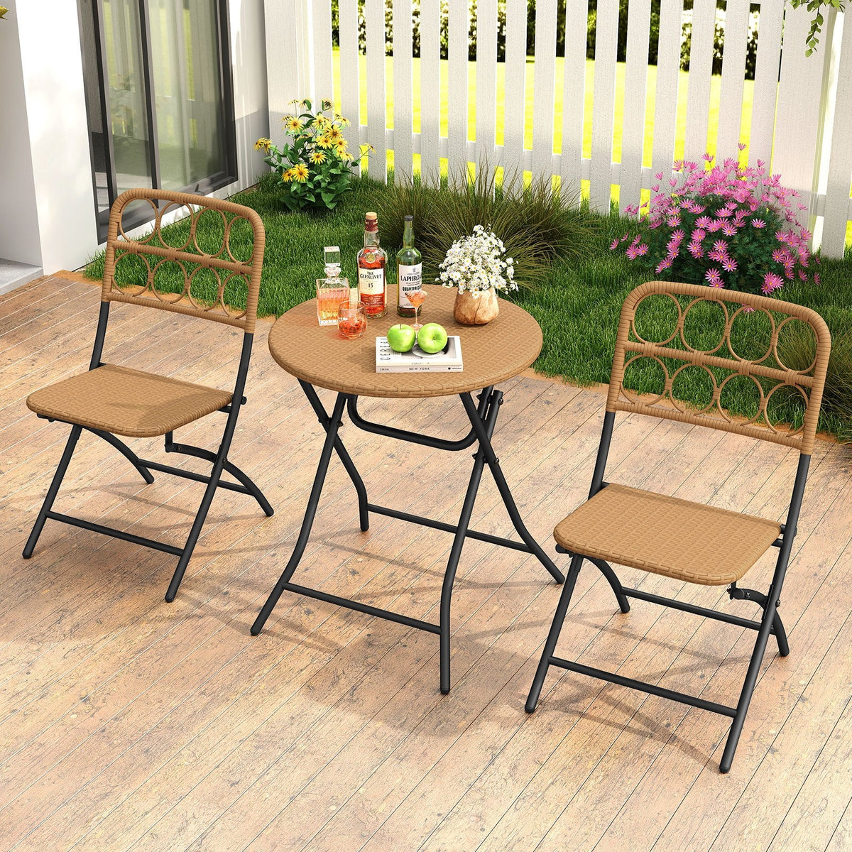 3 Piece Folding Patio Bistro Set, 2 Wicker Seat Chairs Rated 400 lb and 24 in Round Woven Table at Dining Height, Light Brown