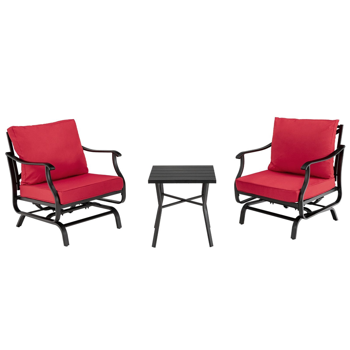 3 Piece Patio Glider Set, 2 Gliding Chairs Rated 330 lb with 8 in Red Back Cushions and Powder Coated Slatted Coffee Table