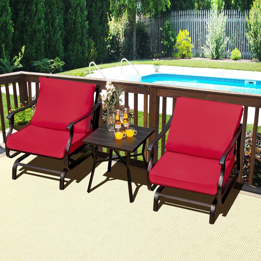 3 Piece Patio Glider Set, 2 Gliding Chairs Rated 330 lb with 8 in Red Back Cushions and Powder Coated Slatted Coffee Table