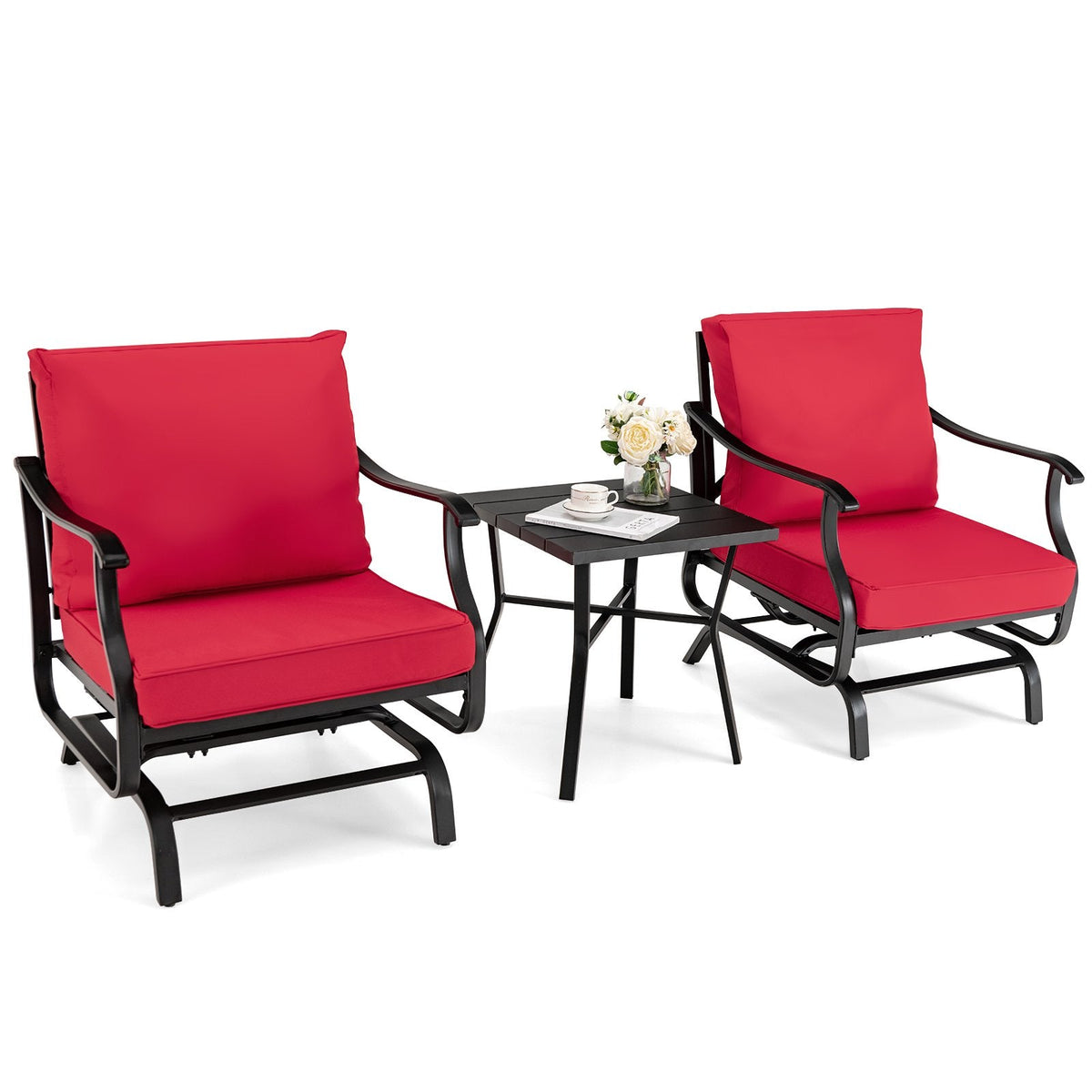 3 Piece Patio Glider Set, 2 Gliding Chairs Rated 330 lb with 8 in Red Back Cushions and Powder Coated Slatted Coffee Table