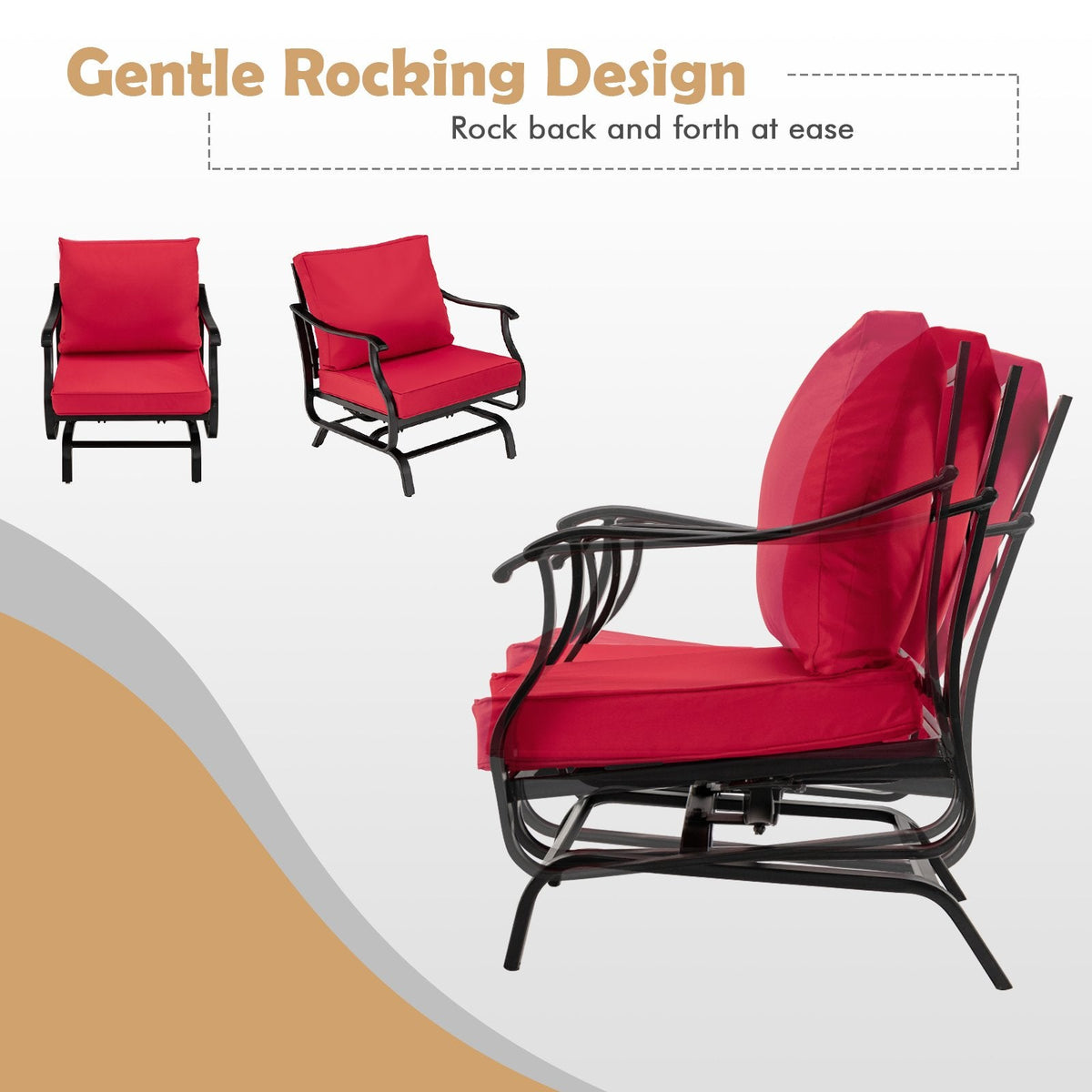 3 Piece Patio Glider Set, 2 Gliding Chairs Rated 330 lb with 8 in Red Back Cushions and Powder Coated Slatted Coffee Table
