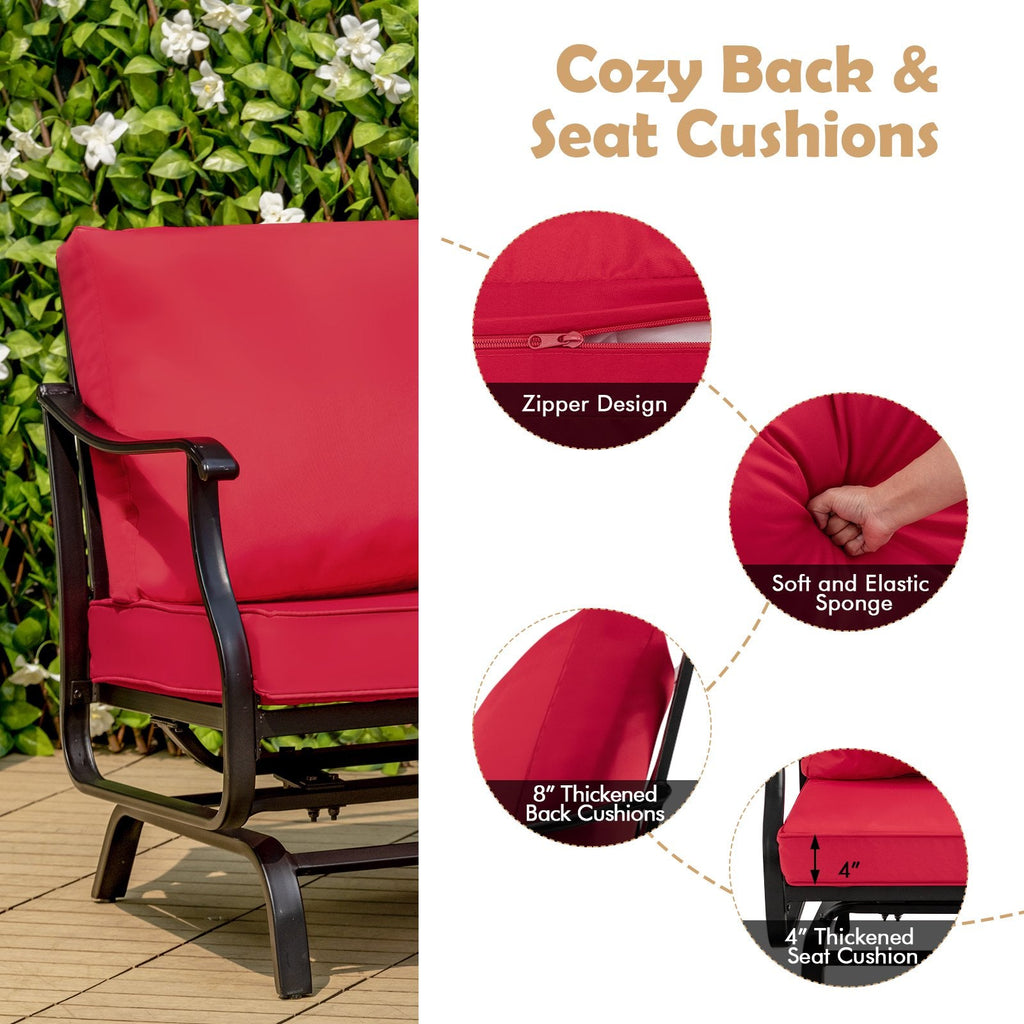 3 Piece Patio Glider Set, 2 Gliding Chairs Rated 330 lb with 8 in Red Back Cushions and Powder Coated Slatted Coffee Table