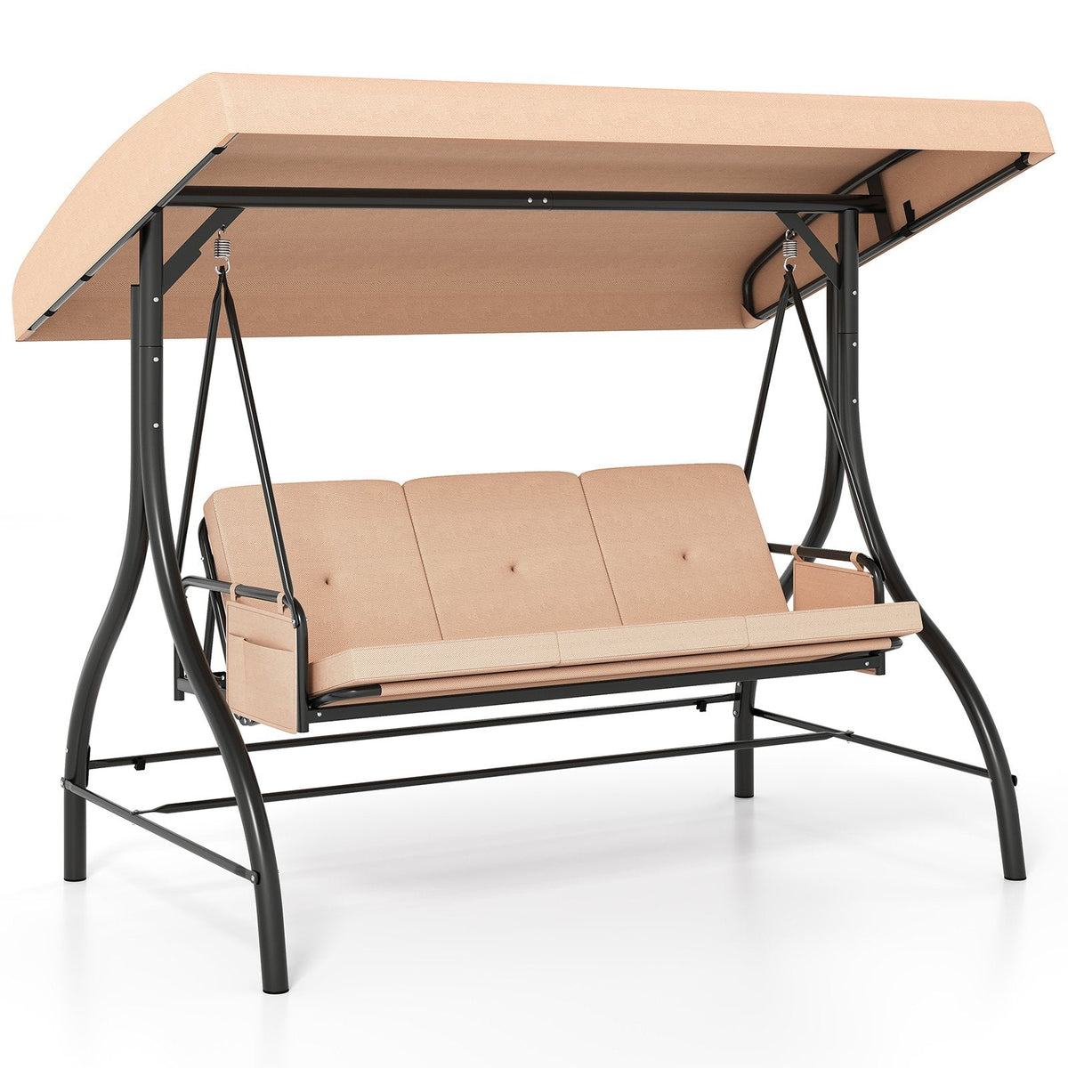 3-Piece Patio Swing with Canopy Removable Cushions and Side Pockets-Beige