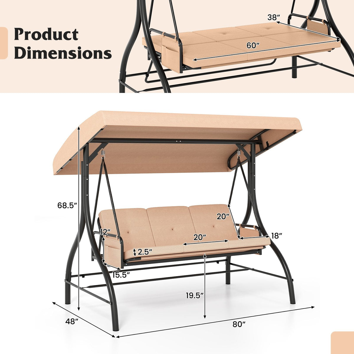 3-Piece Patio Swing with Canopy Removable Cushions and Side Pockets-Beige