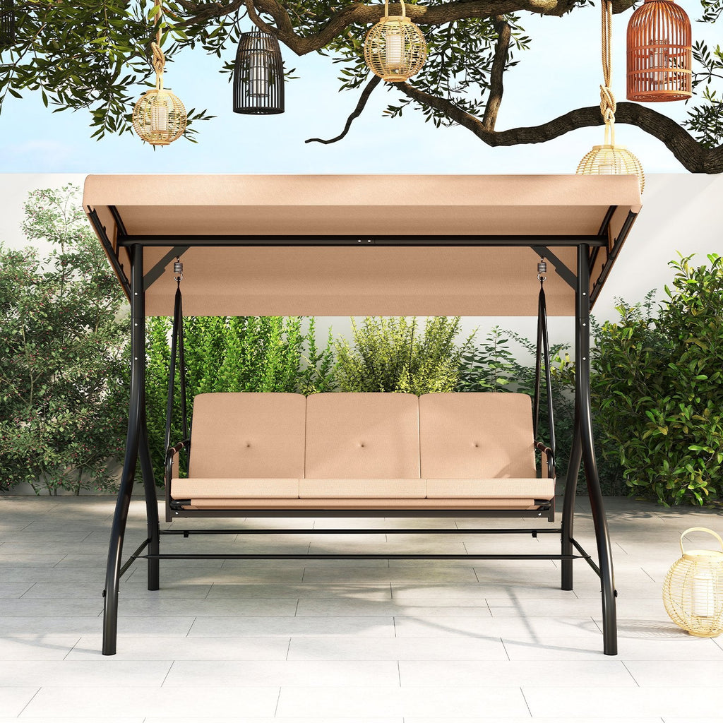 3-Piece Patio Swing with Canopy Removable Cushions and Side Pockets-Beige