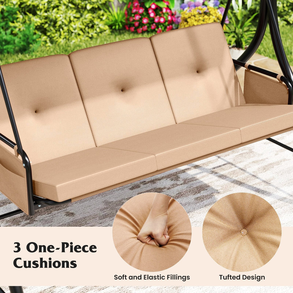 3-Piece Patio Swing with Canopy Removable Cushions and Side Pockets-Beige