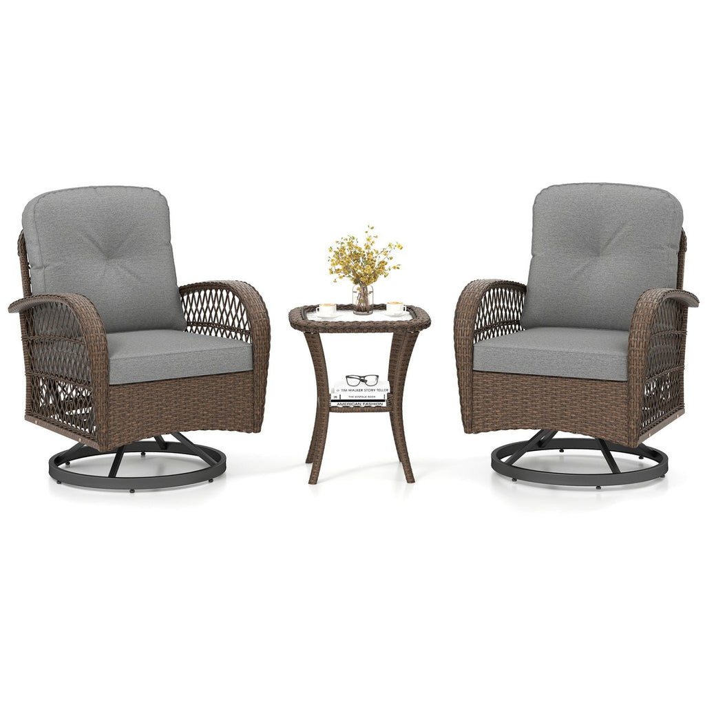 3 Piece Patio Swivel Rocker Set with Tempered Glass Side Table and Thick Cushions-Gray