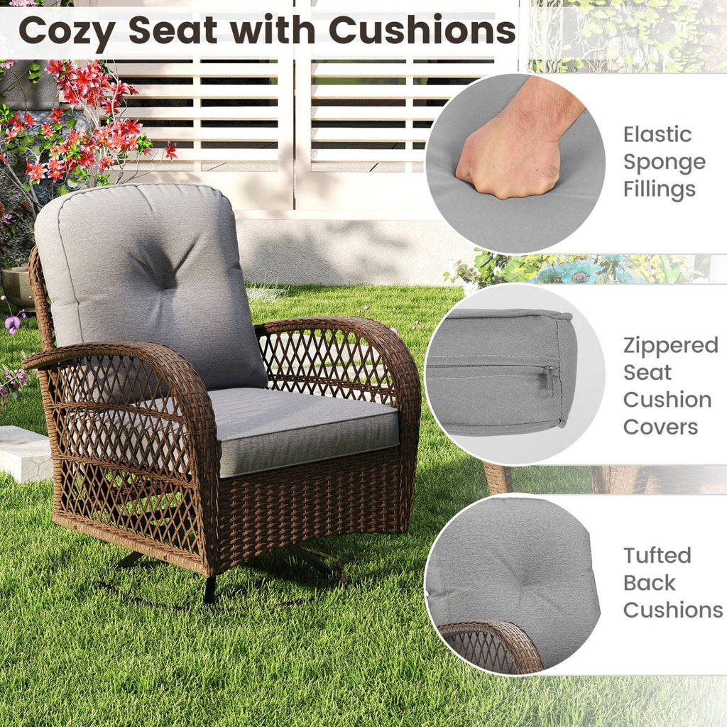 3 Piece Patio Swivel Rocker Set with Tempered Glass Side Table and Thick Cushions-Gray