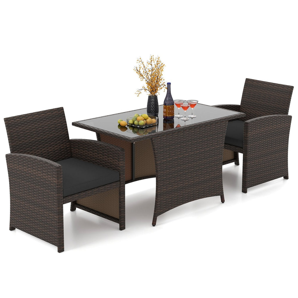 3 Piece Patio Wicker Dining Set, 2 Armchairs Rated 400 lb with Grey Cushions and 44 in Rectangular Tempered Glass Table