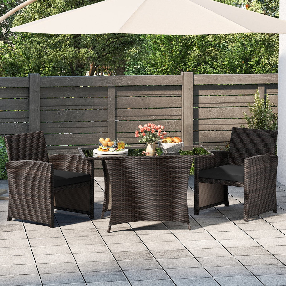 3 Piece Patio Wicker Dining Set, 2 Armchairs Rated 400 lb with Grey Cushions and 44 in Rectangular Tempered Glass Table