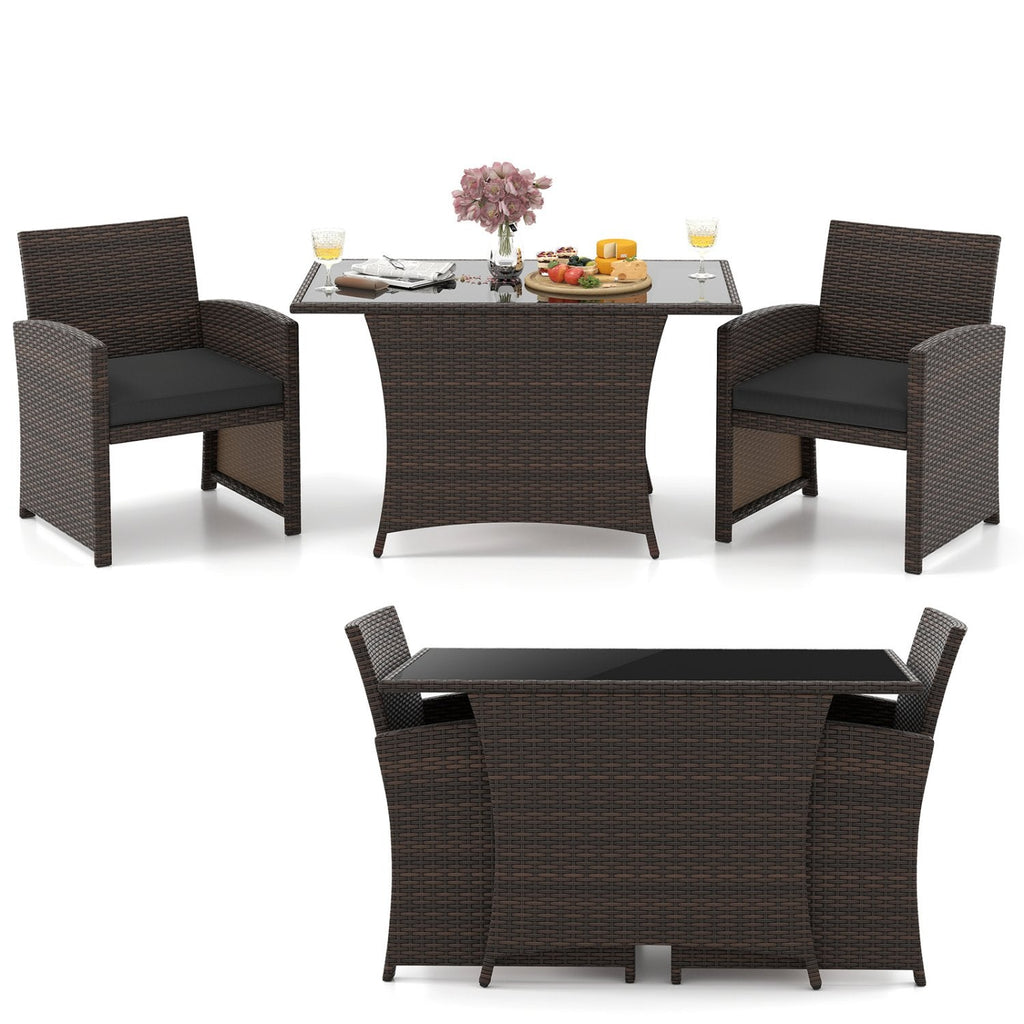 3 Piece Patio Wicker Dining Set, 2 Armchairs Rated 400 lb with Grey Cushions and 44 in Rectangular Tempered Glass Table