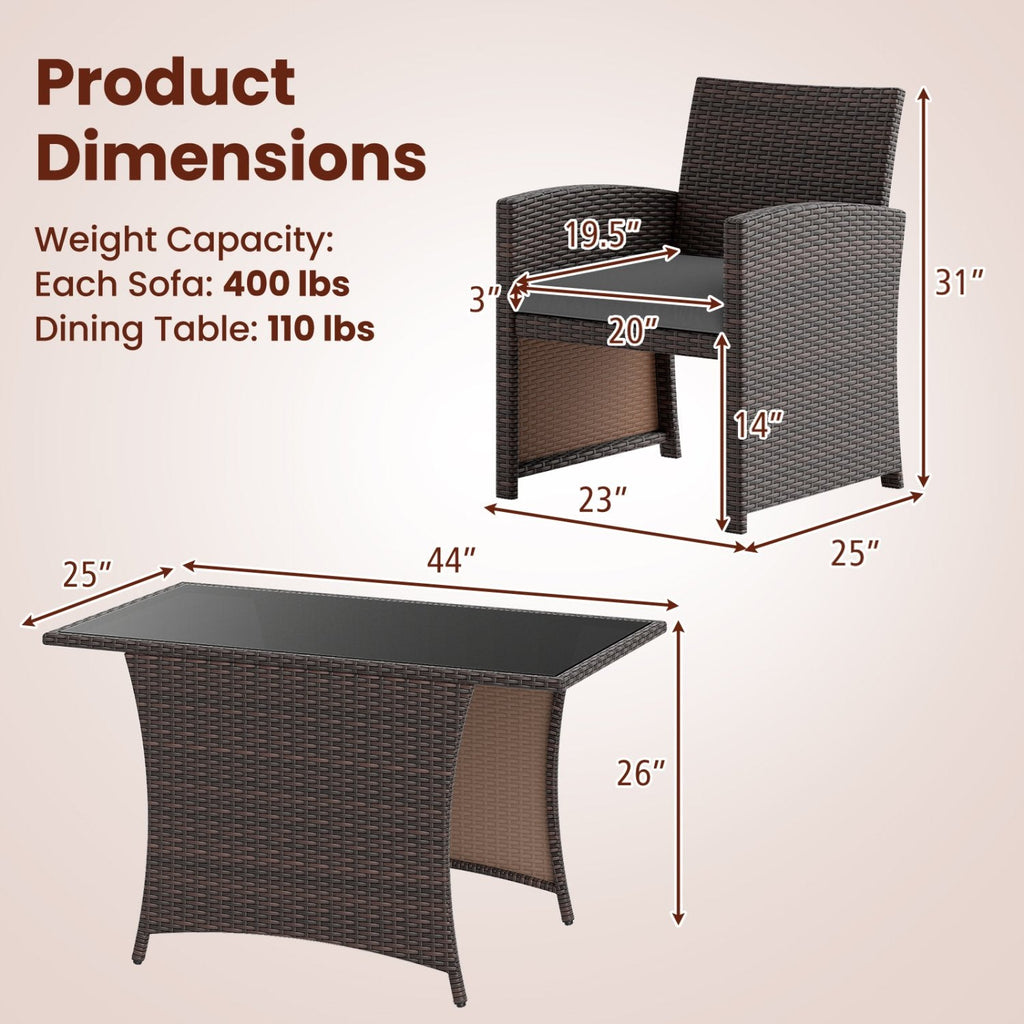 3 Piece Patio Wicker Dining Set, 2 Armchairs Rated 400 lb with Grey Cushions and 44 in Rectangular Tempered Glass Table