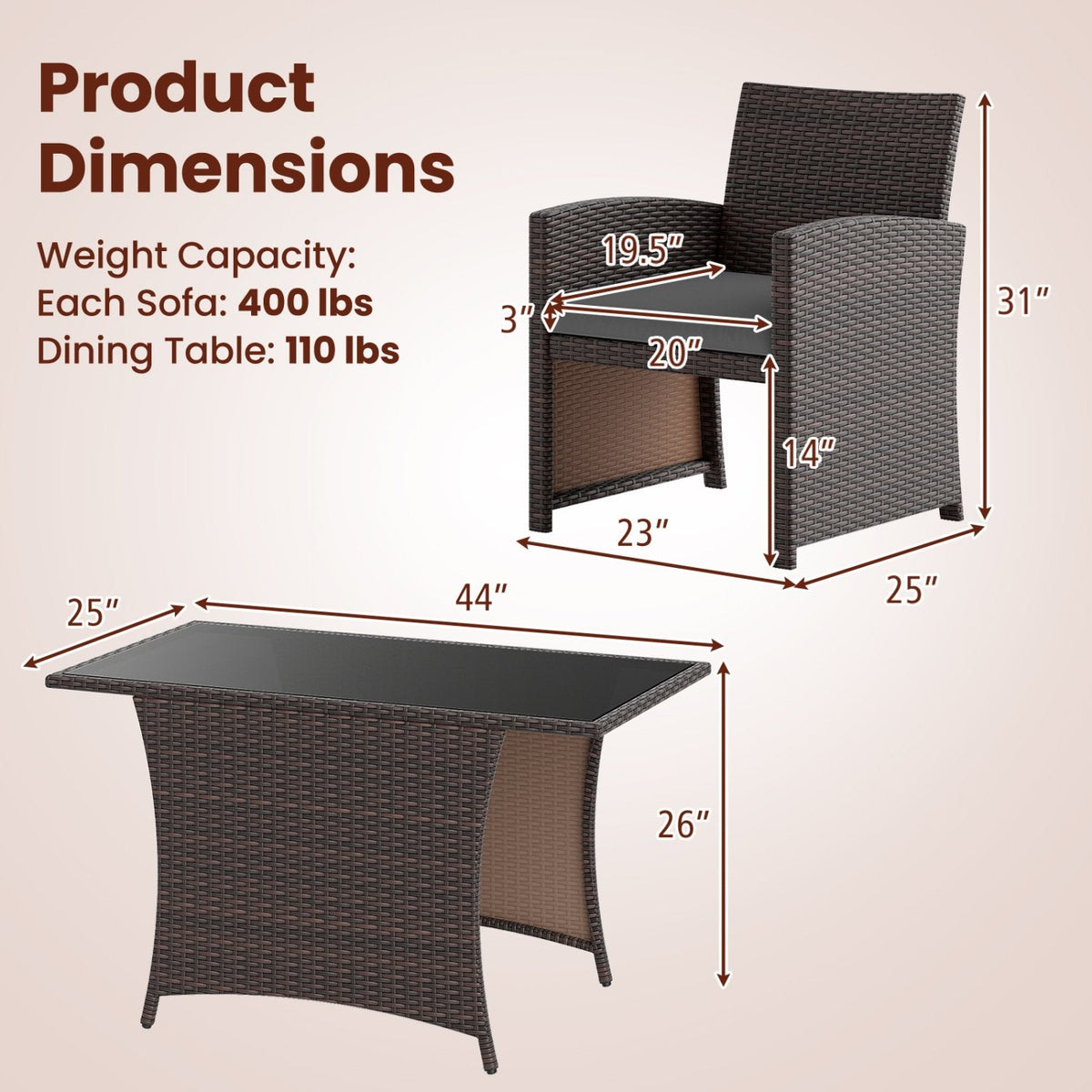 3 Piece Patio Wicker Dining Set, 2 Armchairs Rated 400 lb with Grey Cushions and 44 in Rectangular Tempered Glass Table