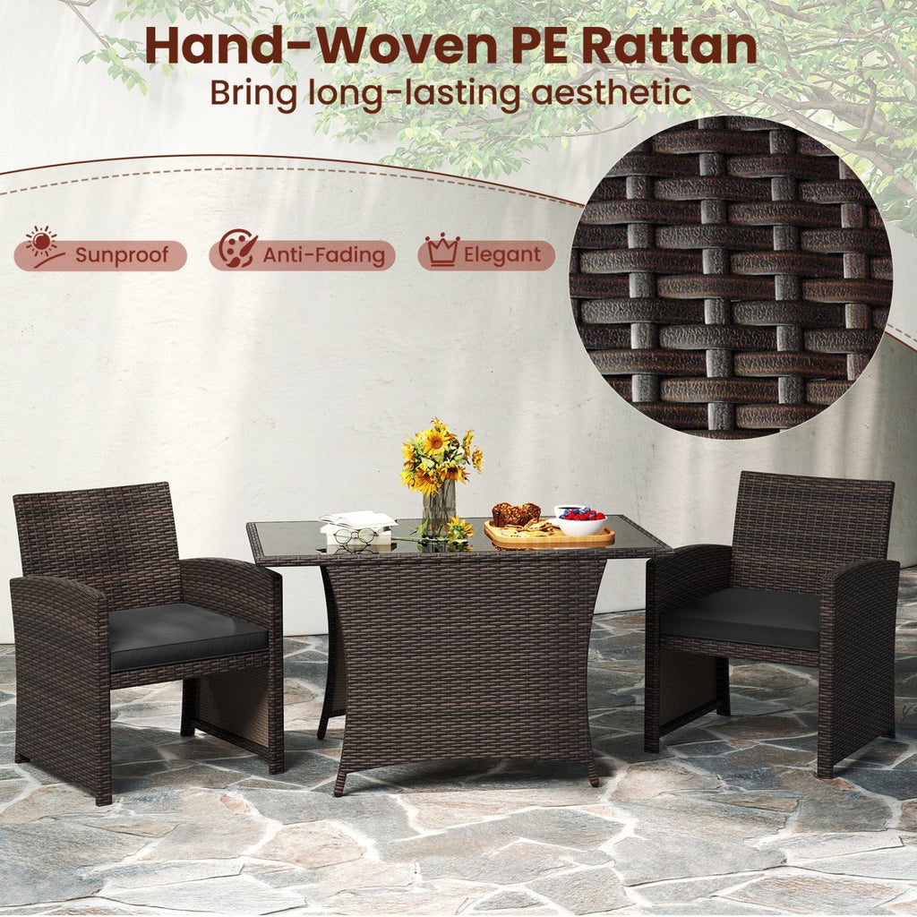 3 Piece Patio Wicker Dining Set, 2 Armchairs Rated 400 lb with Grey Cushions and 44 in Rectangular Tempered Glass Table