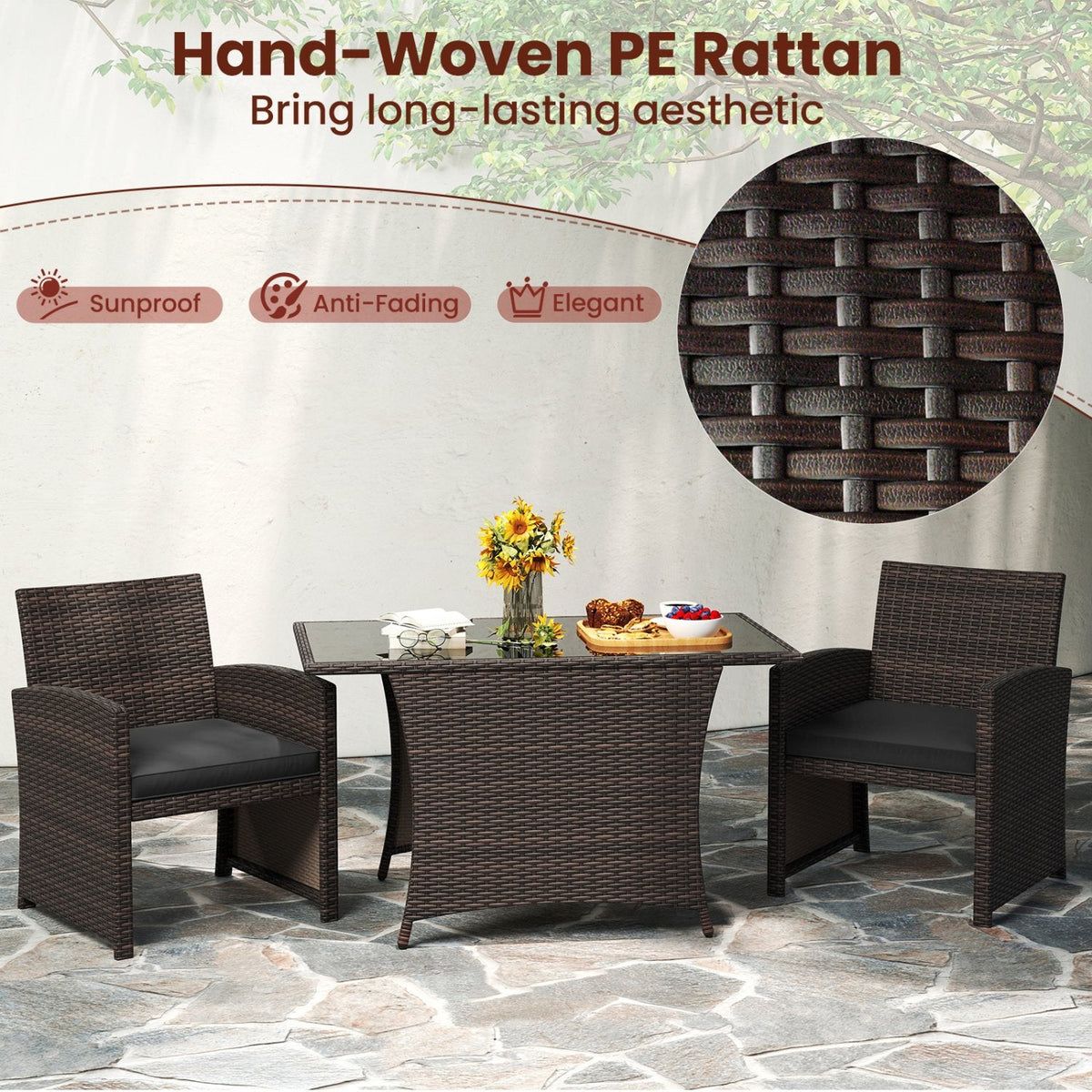 3 Piece Patio Wicker Dining Set, 2 Armchairs Rated 400 lb with Grey Cushions and 44 in Rectangular Tempered Glass Table