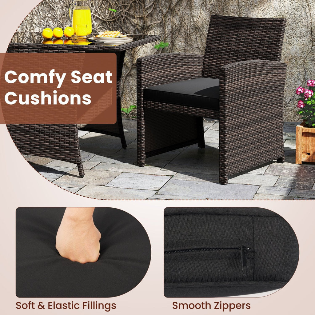 3 Piece Patio Wicker Dining Set, 2 Armchairs Rated 400 lb with Grey Cushions and 44 in Rectangular Tempered Glass Table