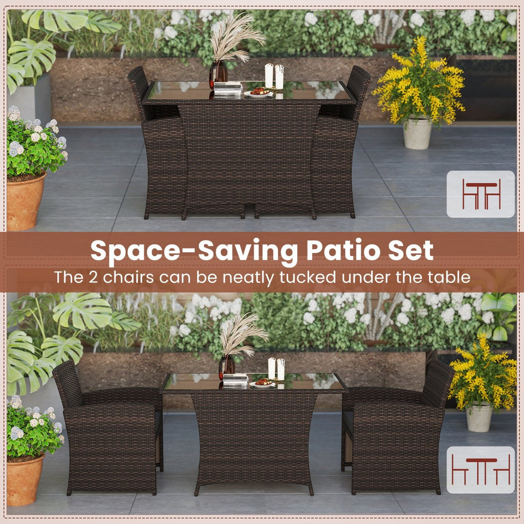 3 Piece Patio Wicker Dining Set, 2 Armchairs Rated 400 lb with Grey Cushions and 44 in Rectangular Tempered Glass Table