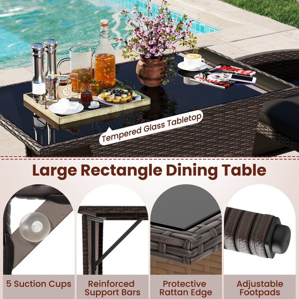 3 Piece Patio Wicker Dining Set, 2 Armchairs Rated 400 lb with Grey Cushions and 44 in Rectangular Tempered Glass Table