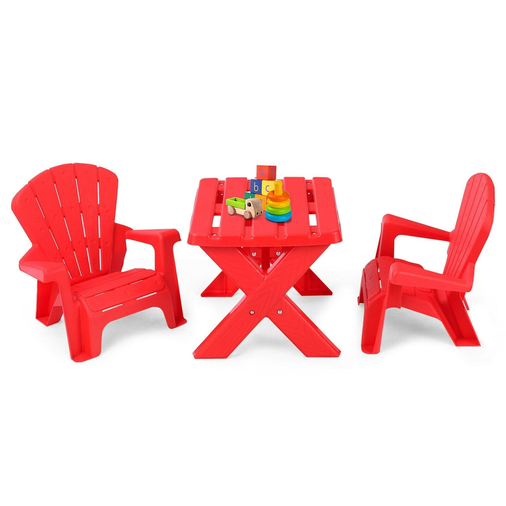 3 Piece Kids Table and 2 Chair Set in Red Plastic, Adirondack Style Chairs