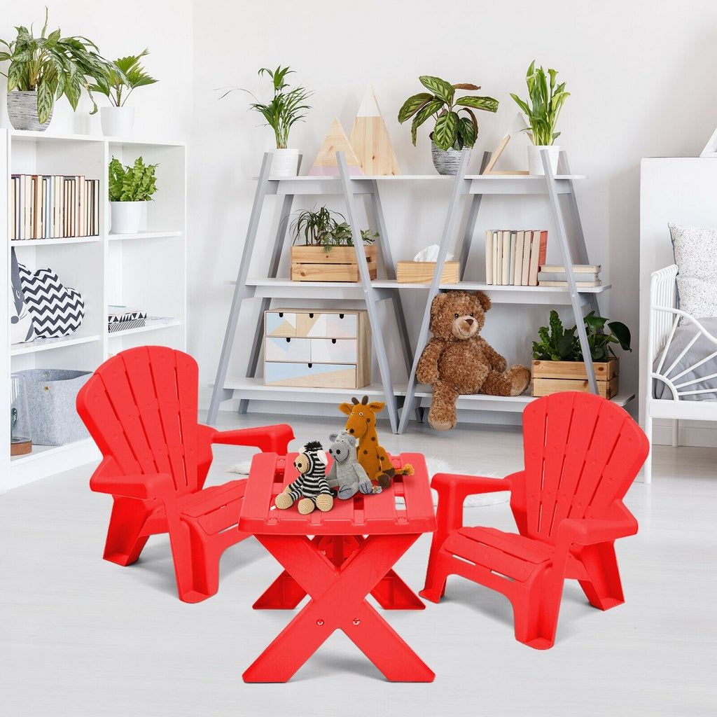 3 Piece Kids Table and 2 Chair Set in Red Plastic, Adirondack Style Chairs