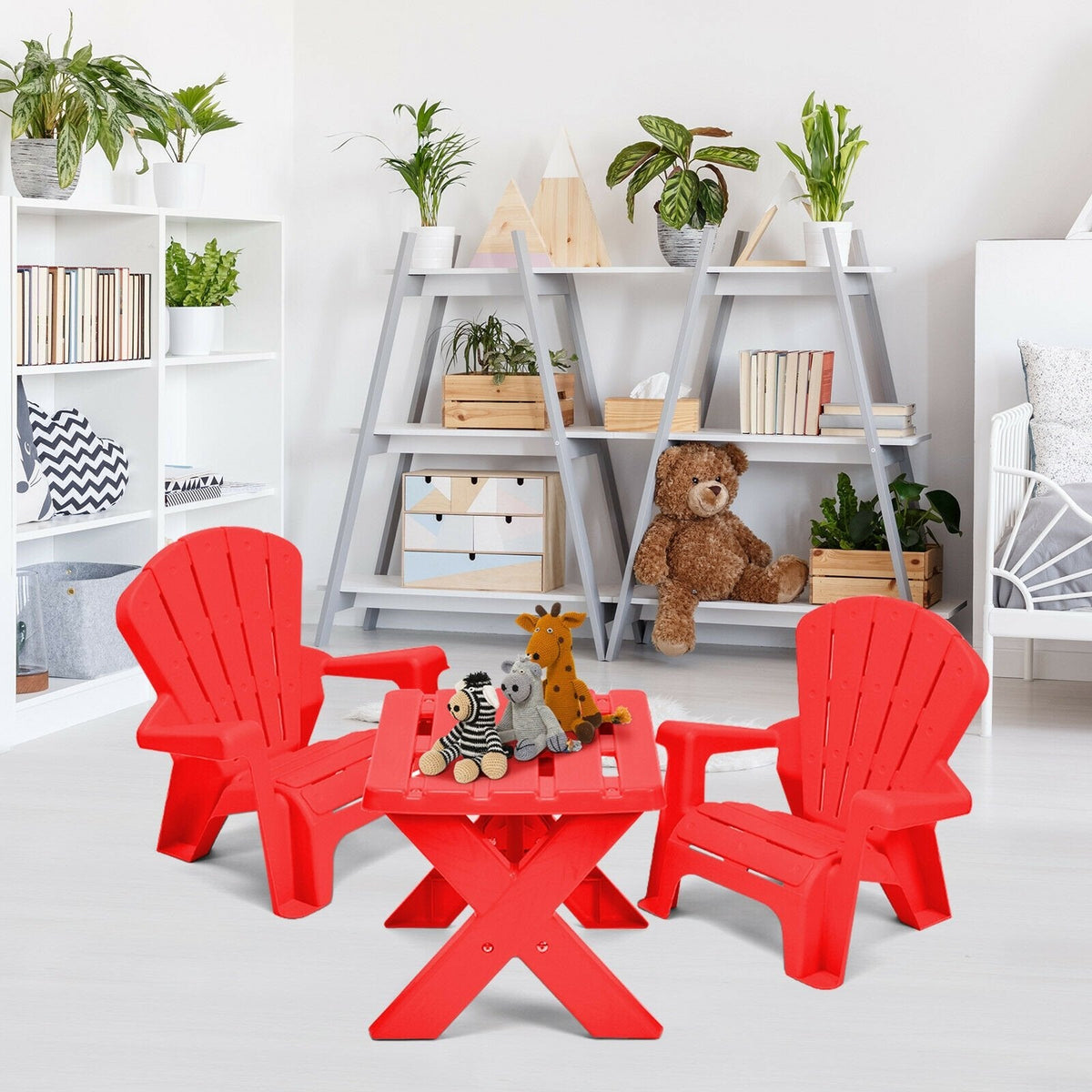 3 Piece Kids Table and 2 Chair Set in Red Plastic, Adirondack Style Chairs