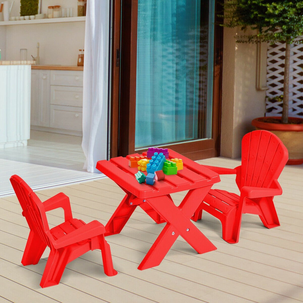 3 Piece Kids Table and 2 Chair Set in Red Plastic, Adirondack Style Chairs