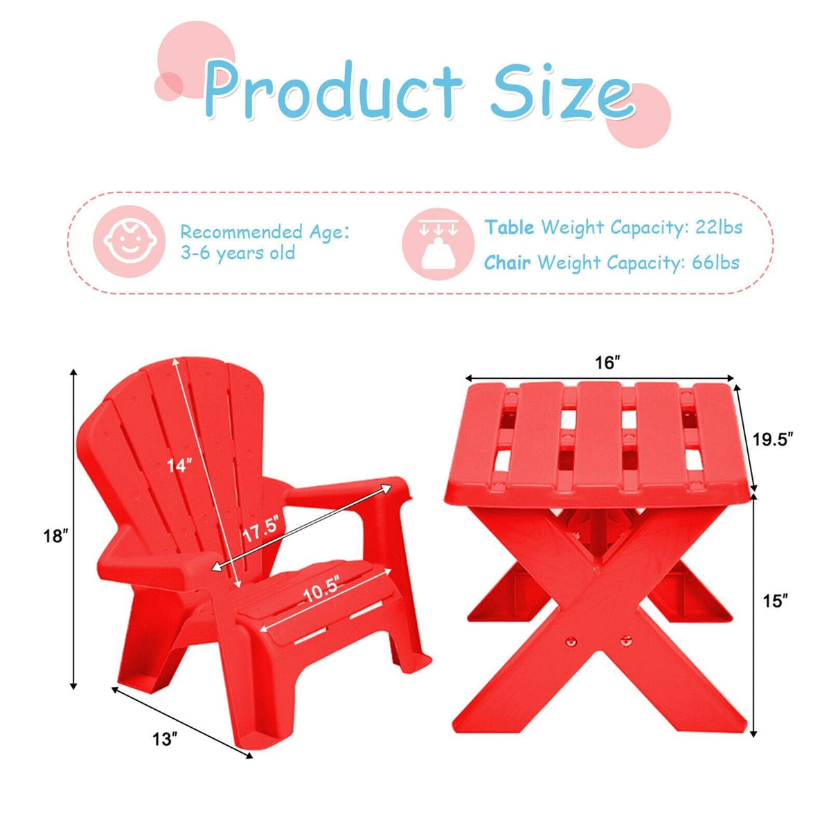 3 Piece Kids Table and 2 Chair Set in Red Plastic, Adirondack Style Chairs
