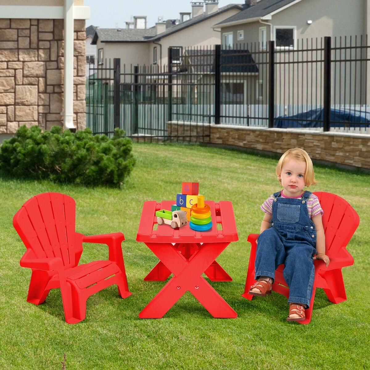 3 Piece Kids Table and 2 Chair Set in Red Plastic, Adirondack Style Chairs